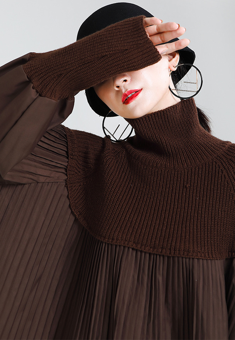 High necked sweater patchwork pleated bubble sleeve knitted sweater A1218128BW