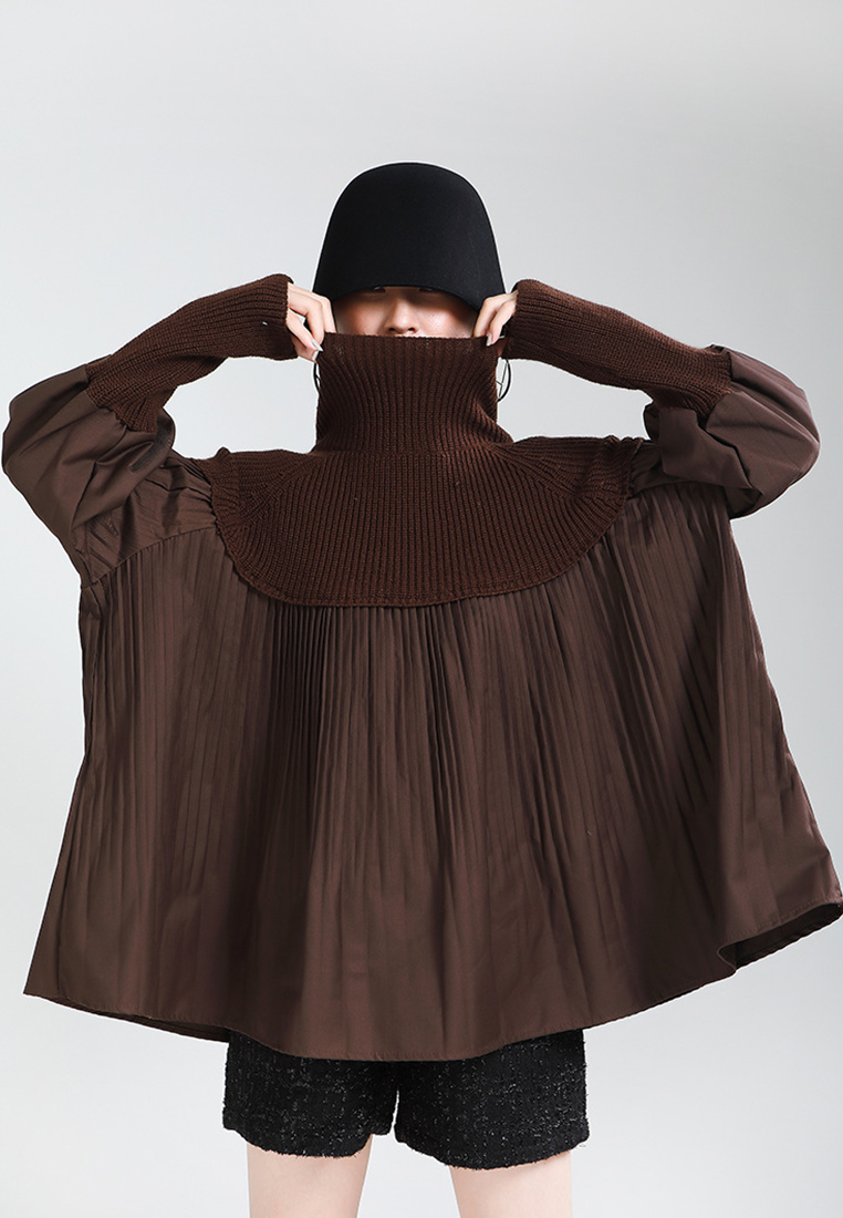 High necked sweater patchwork pleated bubble sleeve knitted sweater A1218128BW