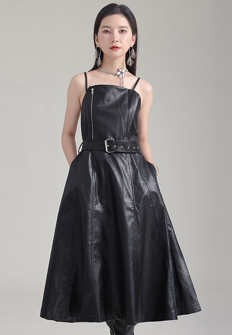 Autumn and Winter Vintage Waist Wrapped PU Leather High Waist Lace up Dress A1218129