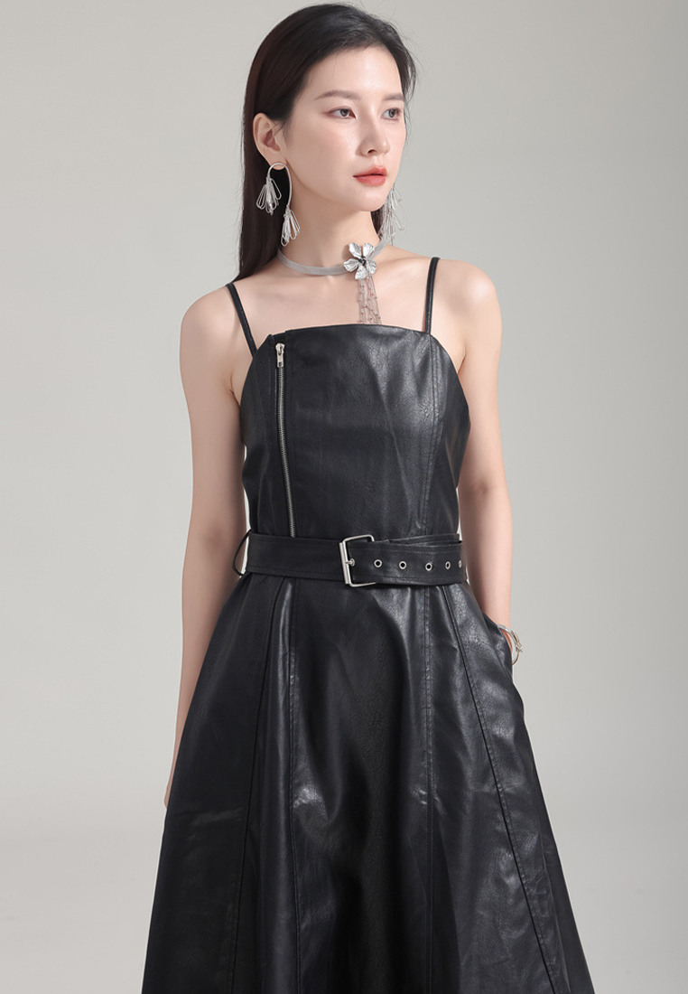 Autumn and Winter Vintage Waist Wrapped PU Leather High Waist Lace up Dress A1218129