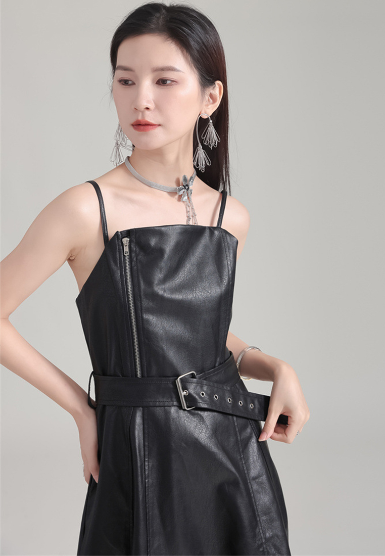 Autumn and Winter Vintage Waist Wrapped PU Leather High Waist Lace up Dress A1218129