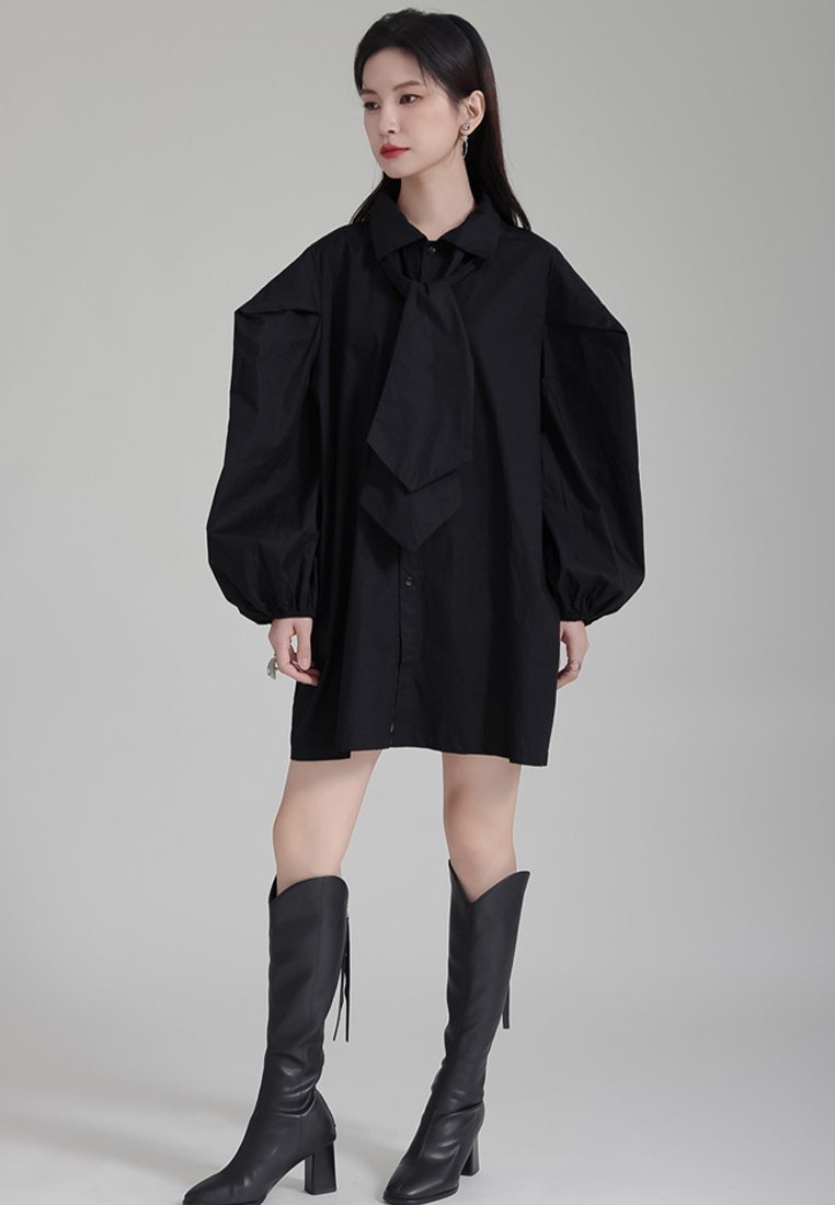 Designed tie puff sleeve black shirt dress A1218130BK