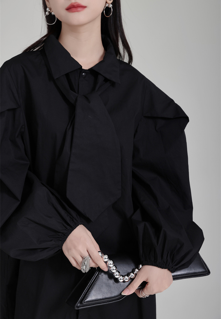 Designed tie puff sleeve black shirt dress A1218130BK