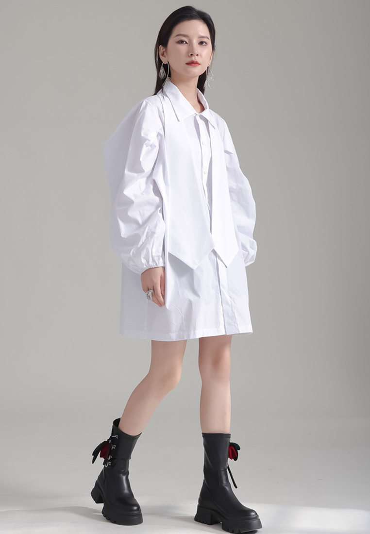 Designed tie puff sleeve black shirt dress A1218130BK