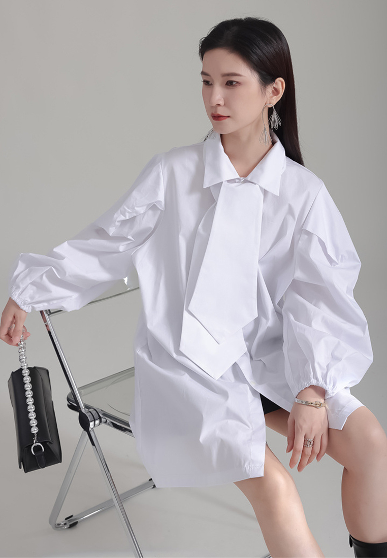 Designed tie puff sleeve black shirt dress A1218130BK