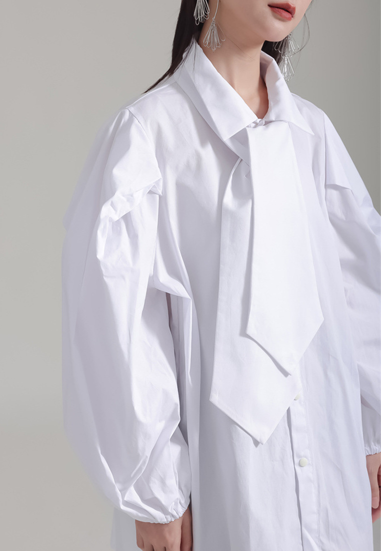 Designed tie puff sleeve black shirt dress A1218130BK