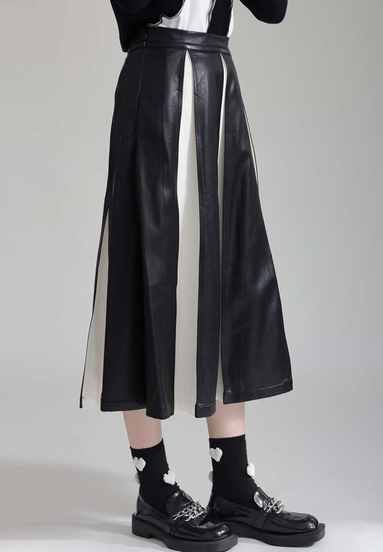Fashionable and elegant PU leather high waist umbrella skirt pleated skirt A1218132