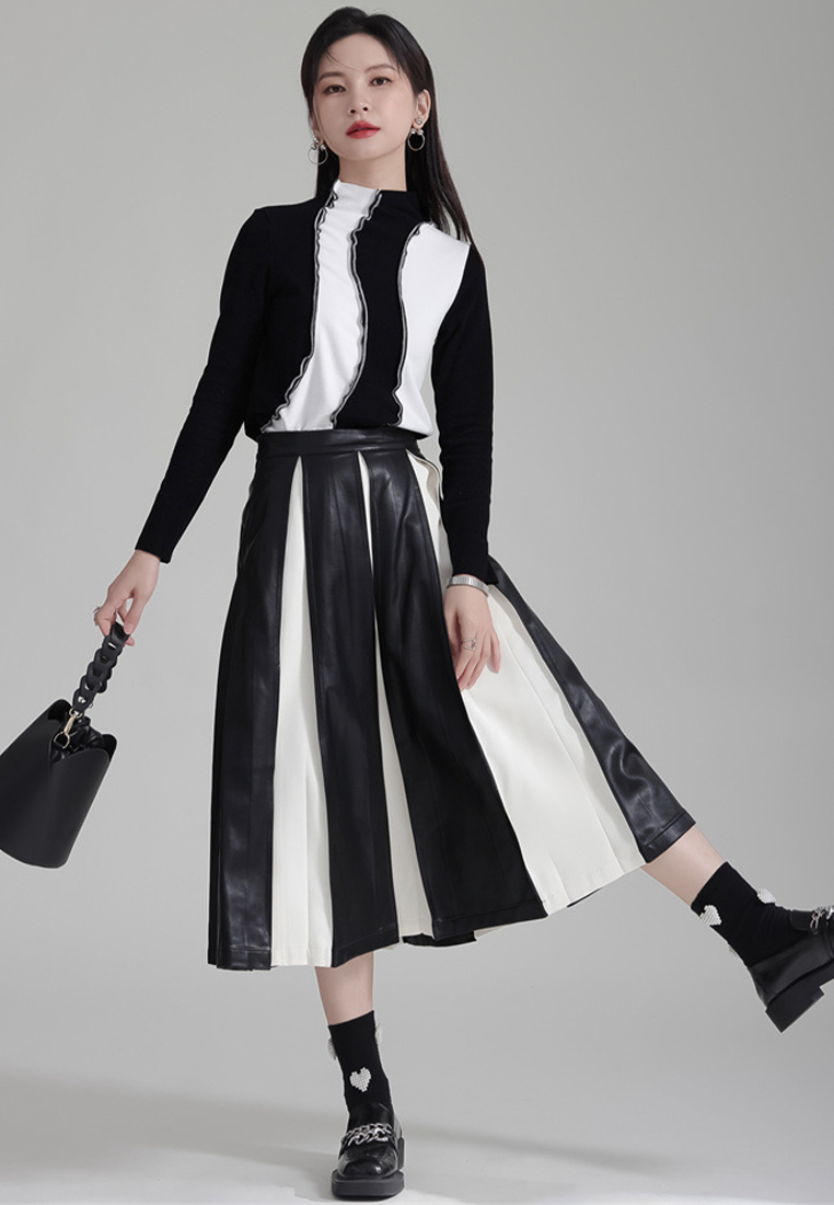 Fashionable and elegant PU leather high waist umbrella skirt pleated skirt A1218132