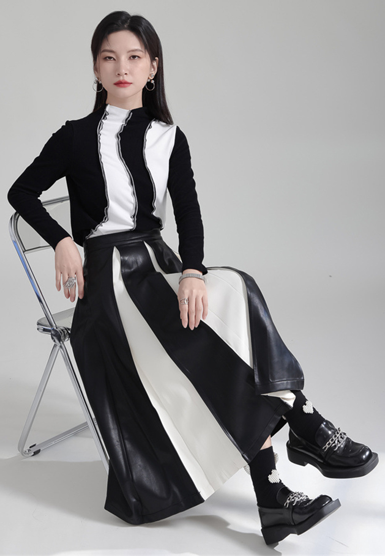 Fashionable and elegant PU leather high waist umbrella skirt pleated skirt A1218132