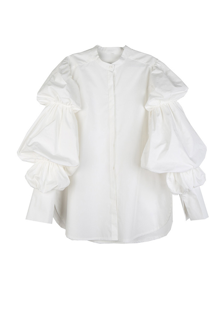 Retro palace style puff sleeve solid color mid length shirt A1218133W
