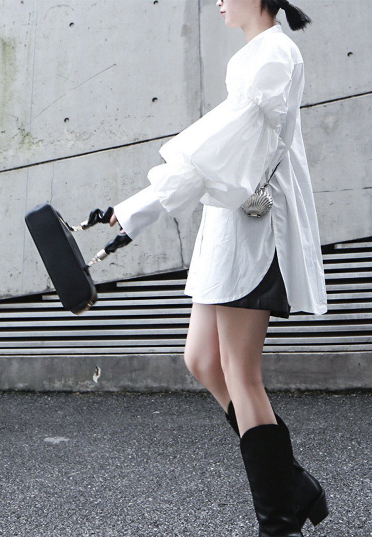 Retro palace style puff sleeve solid color mid length shirt A1218133W