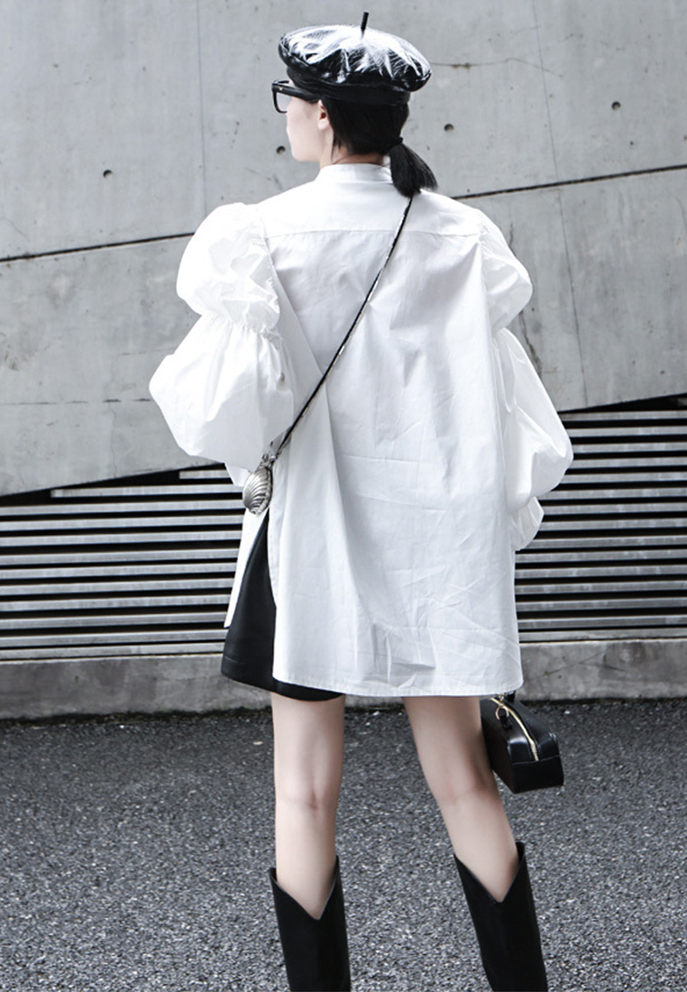 Retro palace style puff sleeve solid color mid length shirt A1218133W