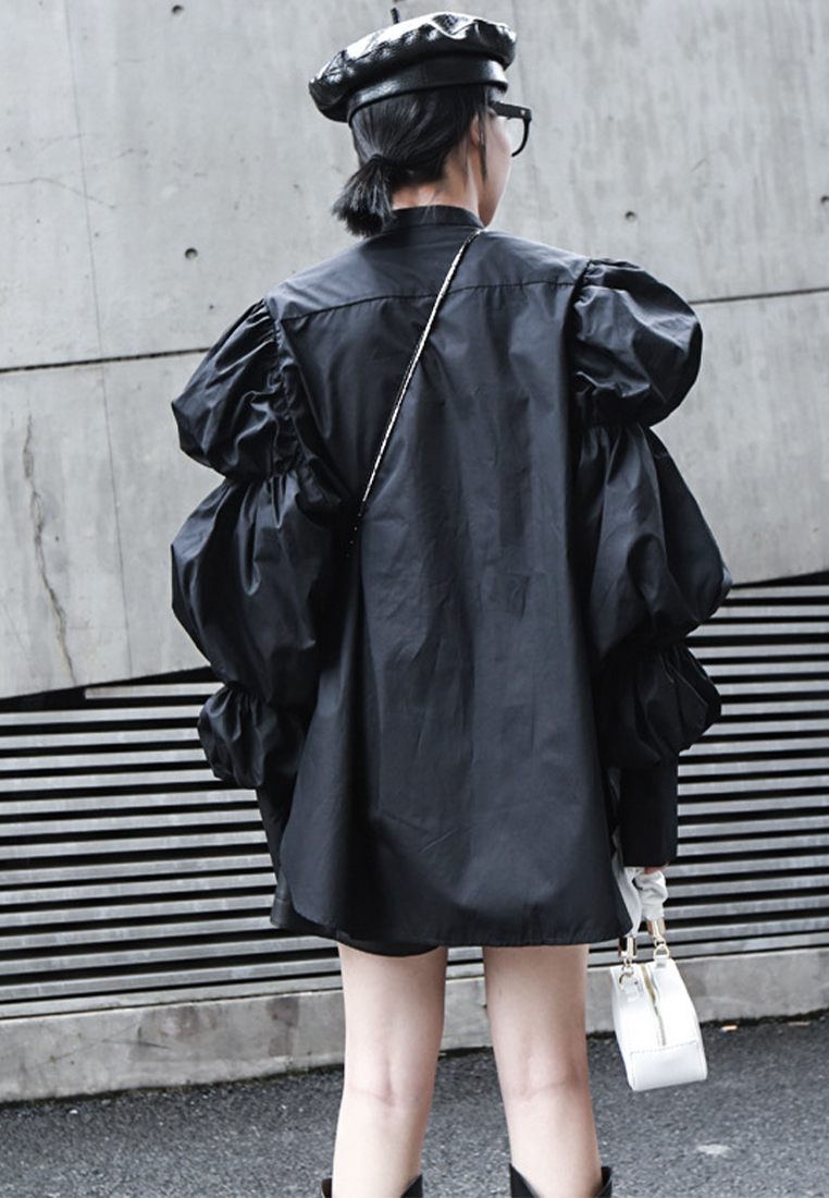 Retro palace style puff sleeve solid color mid length shirt A1218133W