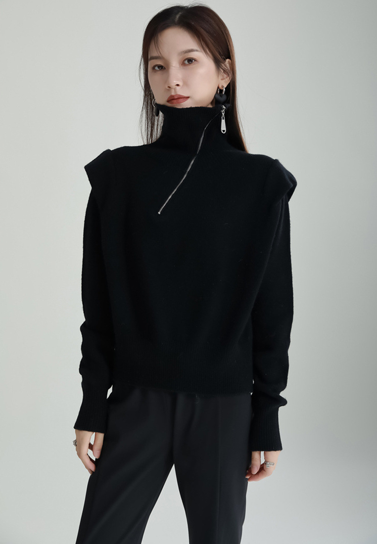 Diagonal zipper turtleneck sweater for women irregular knitted sweater A1218135