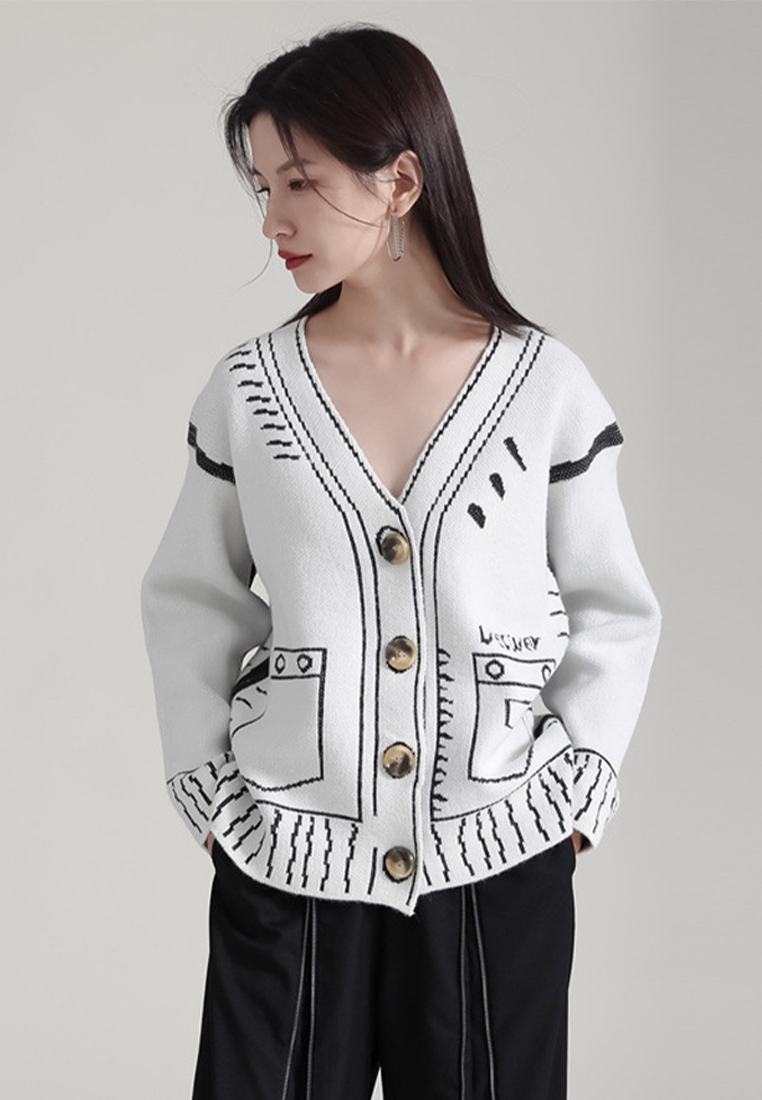 2024 new design V neck knitted womens loose cardigan sweater jacket A1218144W