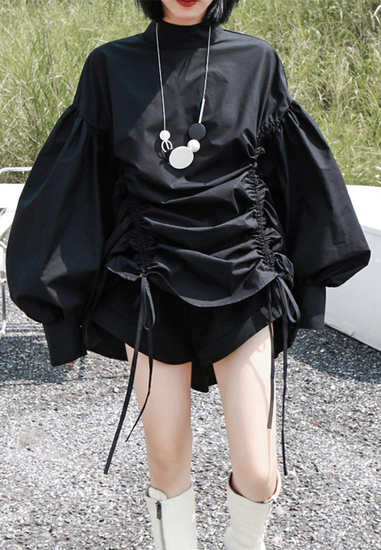 2024 Fashion Drawstring Lantern Puff Stand Collar Mid-Length Dress A1218145BK