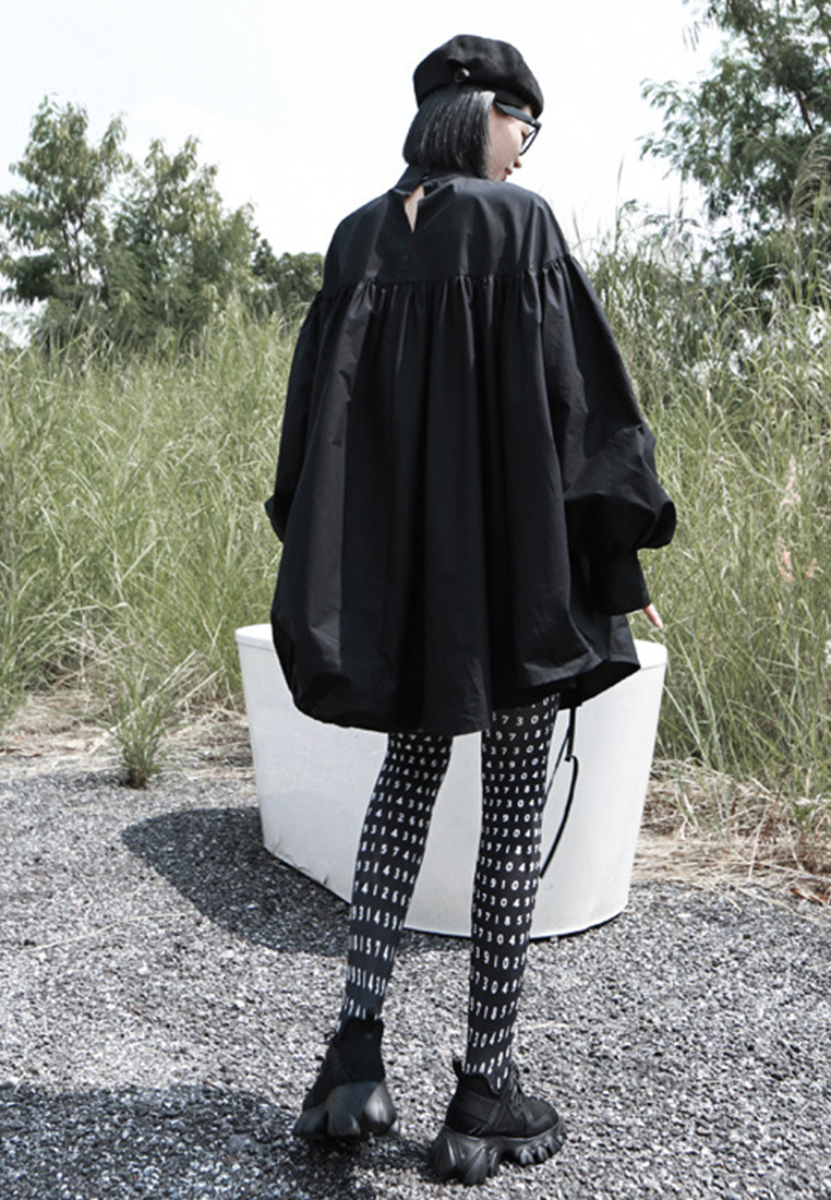 2024 Fashion Drawstring Lantern Puff Stand Collar Mid-Length Dress A1218145BK