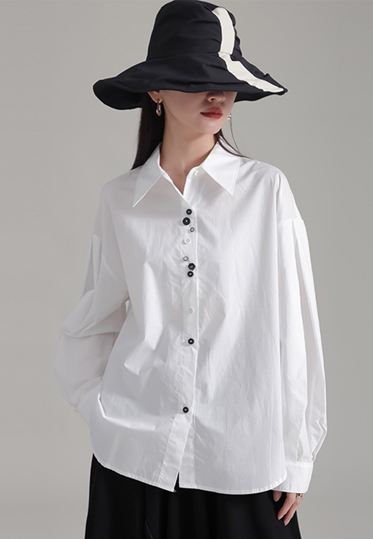 2024 Loose Long Sleeve Puff Sleeve White Shirt Women’s Tops A1218149BK