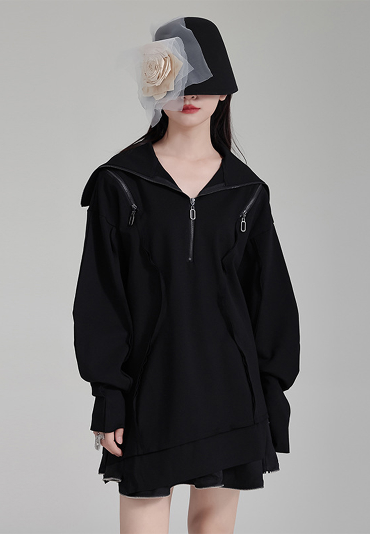 Fashionable and elegant black zippered off-shoulder dress A1218150BK