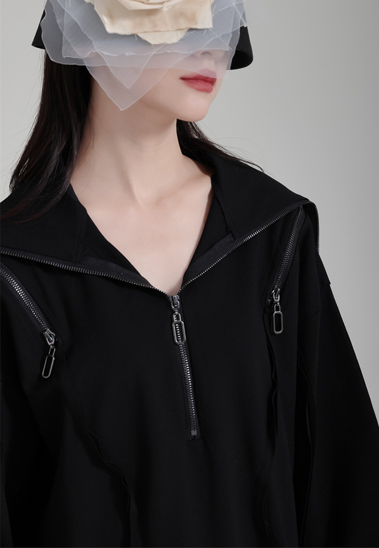 Fashionable and elegant black zippered off-shoulder dress A1218150BK