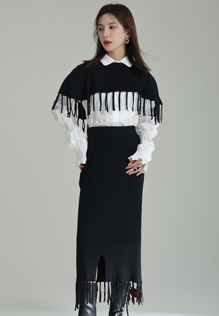 2024 Fashionable Casual Tassel Shawl + Skirt Knitted Suit A1218153GY