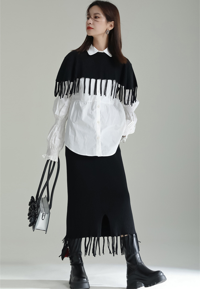 2024 Fashionable Casual Tassel Shawl + Skirt Knitted Suit A1218153GY