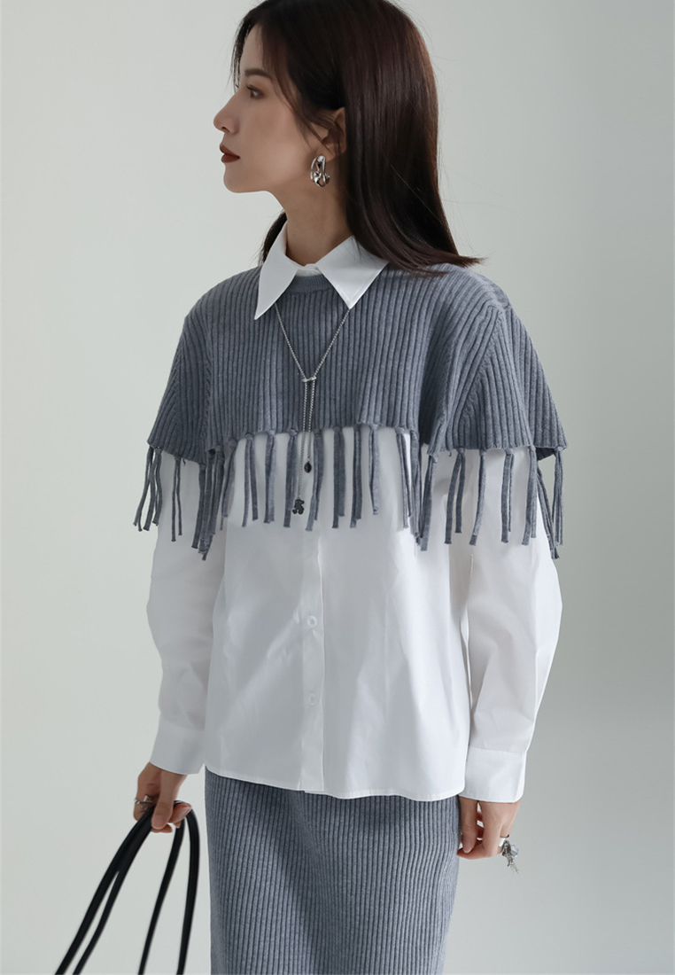 2024 Fashionable Casual Tassel Shawl + Skirt Knitted Suit A1218153GY