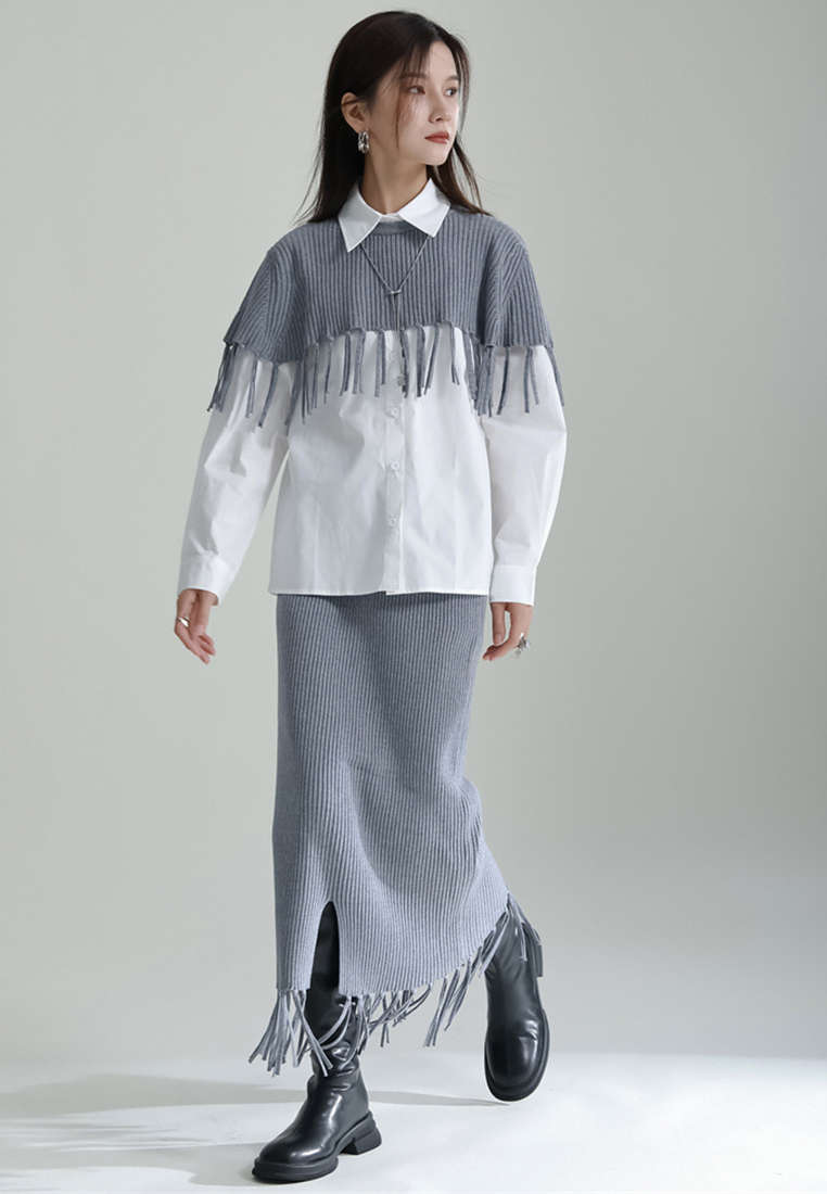 2024 Fashionable Casual Tassel Shawl + Skirt Knitted Suit A1218153GY