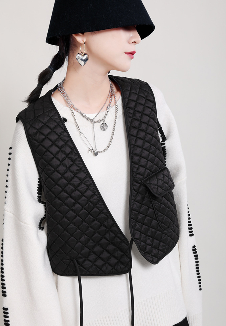 2024 Autumn and Winter Fashionable Black Lace up Diamond Cotton Vest Jacket A1218155BK