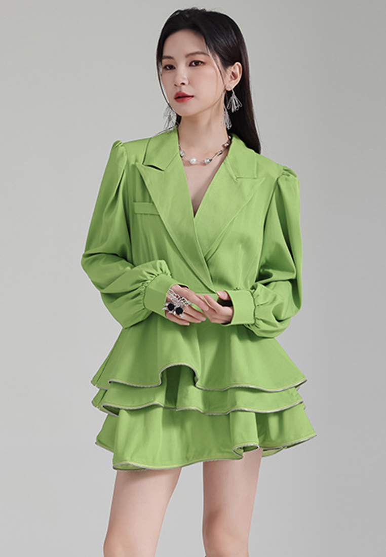 2024 Lantern Sleeve Suit Lapel Loose Top + High Waist Skirt A1218162W