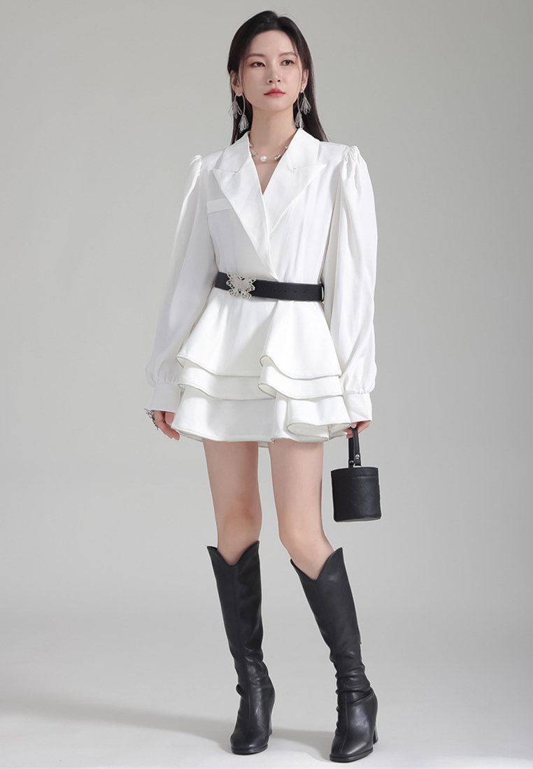 2024 Lantern Sleeve Suit Lapel Loose Top + High Waist Skirt A1218162W