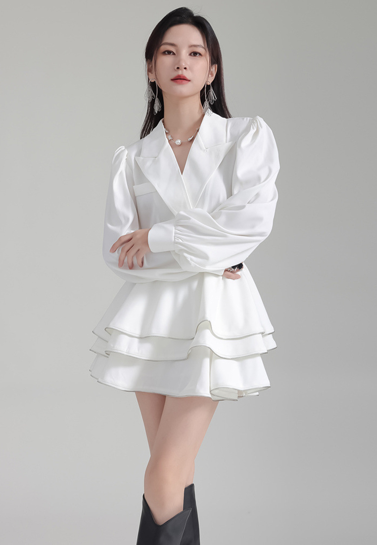 2024 Lantern Sleeve Suit Lapel Loose Top + High Waist Skirt A1218162W