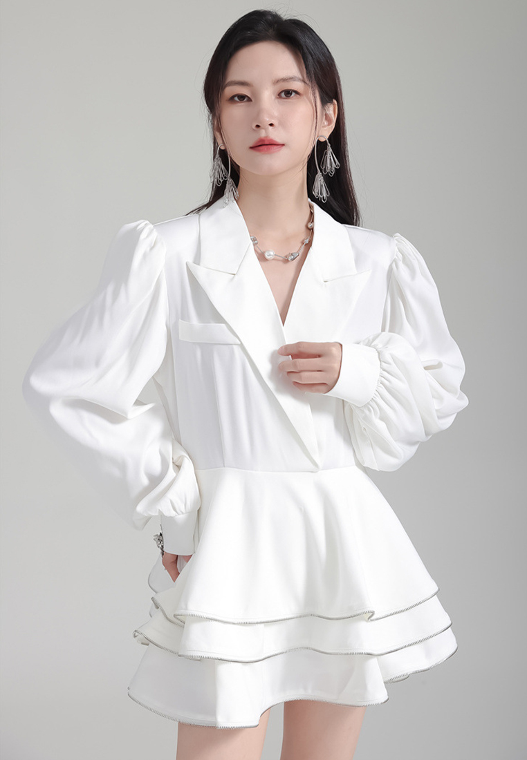 2024 Lantern Sleeve Suit Lapel Loose Top + High Waist Skirt A1218162W
