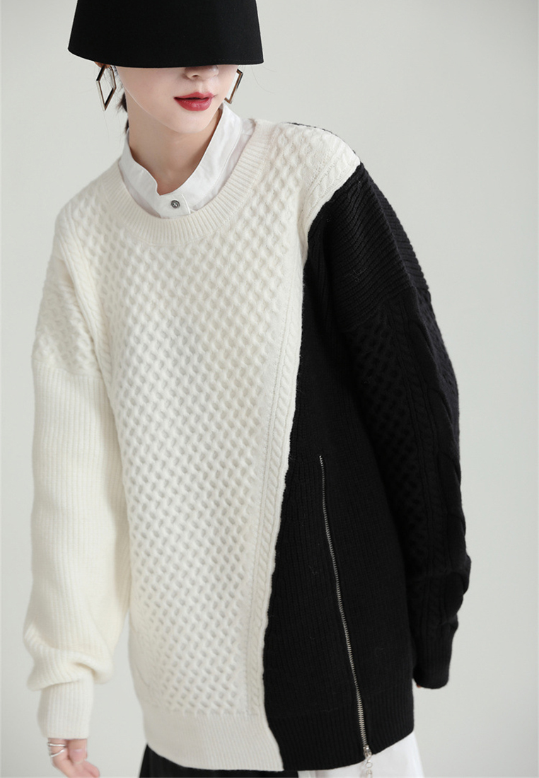 Fashionable and simple winter mid-length contrasting color zipper sweater A1218163BL