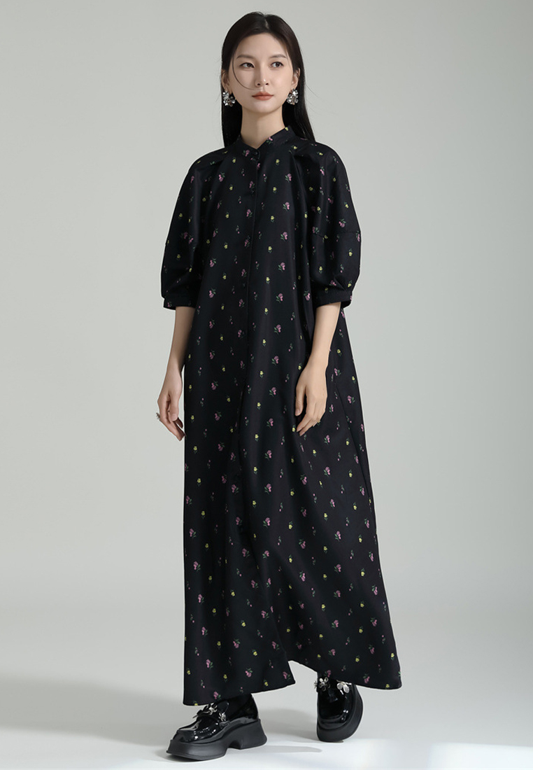 2024 French Retro Jacquard Dress Puff Sleeve Long Dress A1218166BK