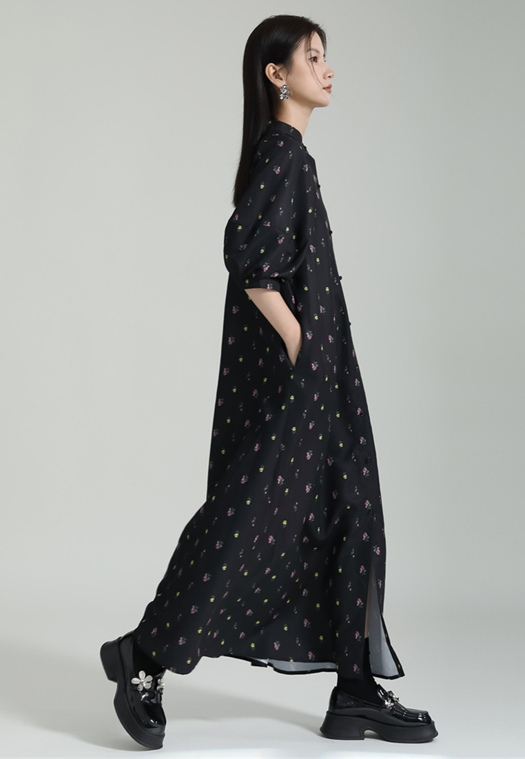 2024 French Retro Jacquard Dress Puff Sleeve Long Dress A1218166BK