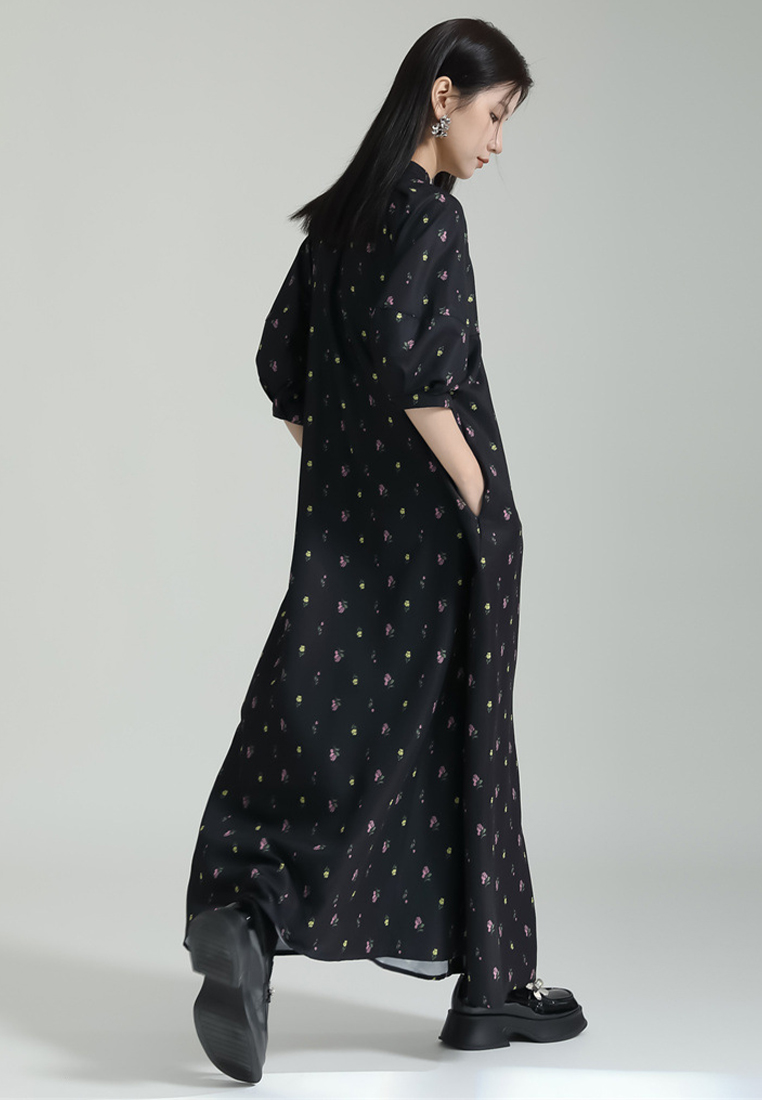 2024 French Retro Jacquard Dress Puff Sleeve Long Dress A1218166BK