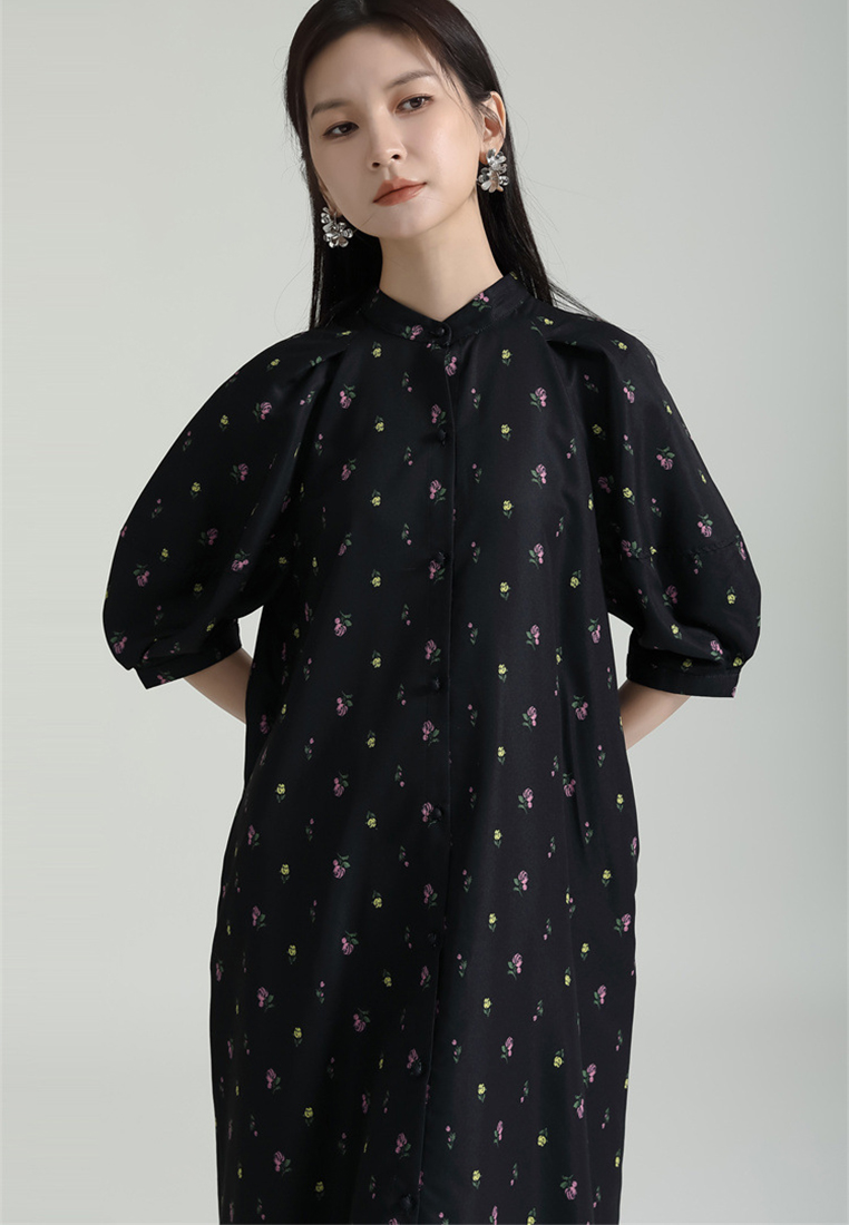 2024 French Retro Jacquard Dress Puff Sleeve Long Dress A1218166BK