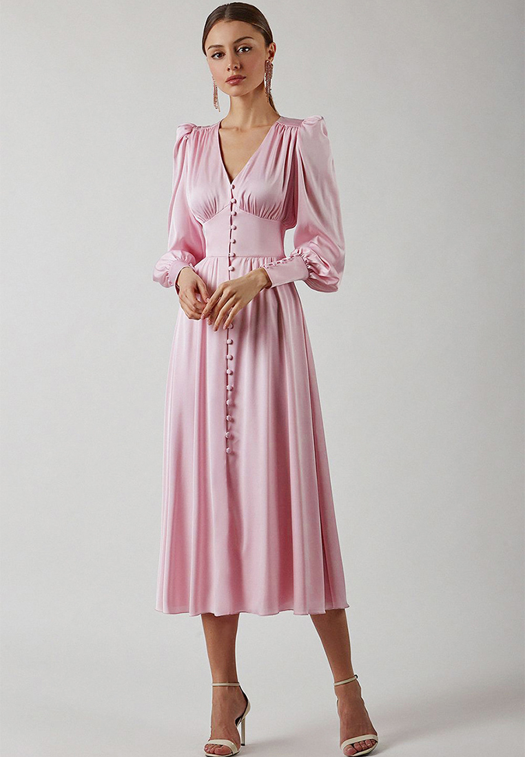 Elegant satin lantern sleeve waist design dress A121822BK