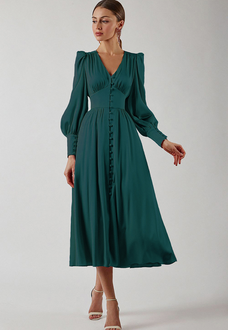 Elegant satin lantern sleeve waist design dress A121822BK