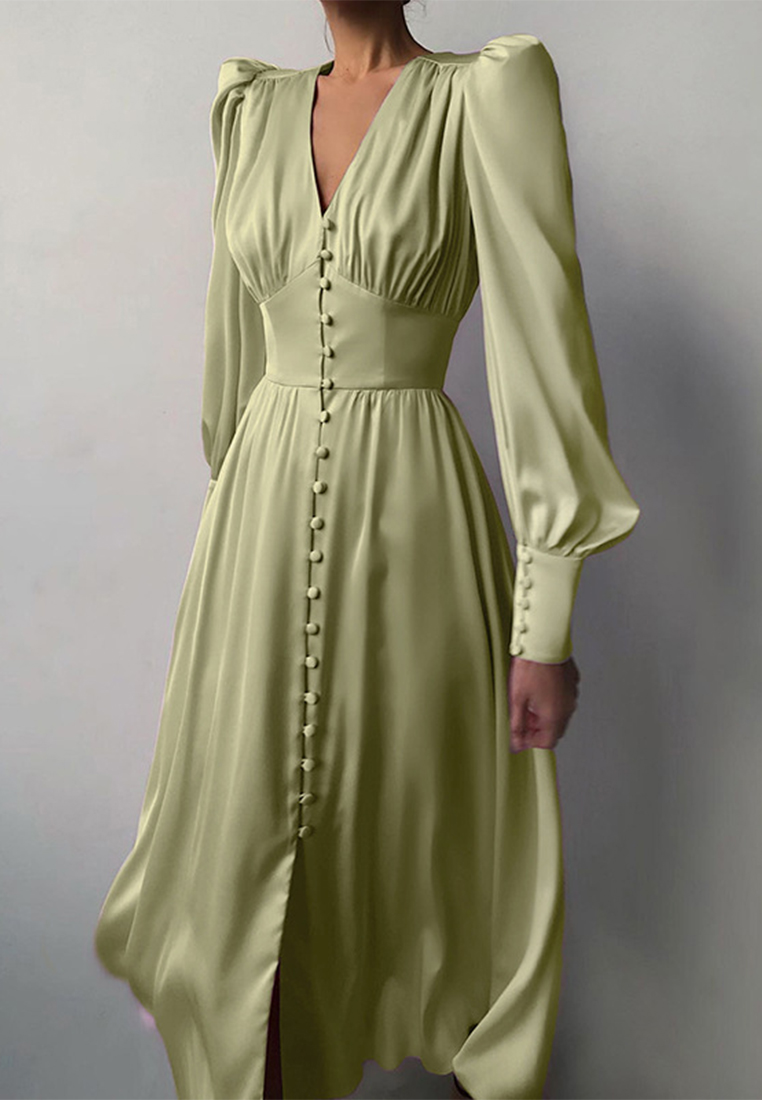 Elegant satin lantern sleeve waist design dress A121822BK