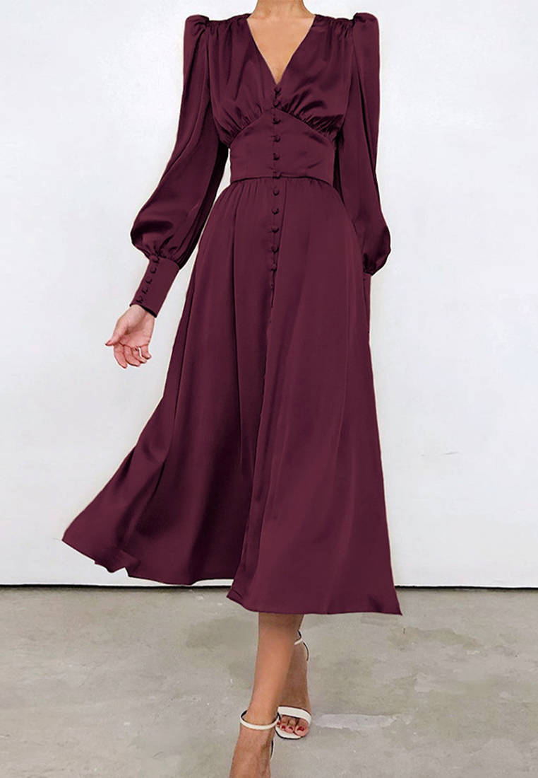 Elegant satin lantern sleeve waist design dress A121822BK