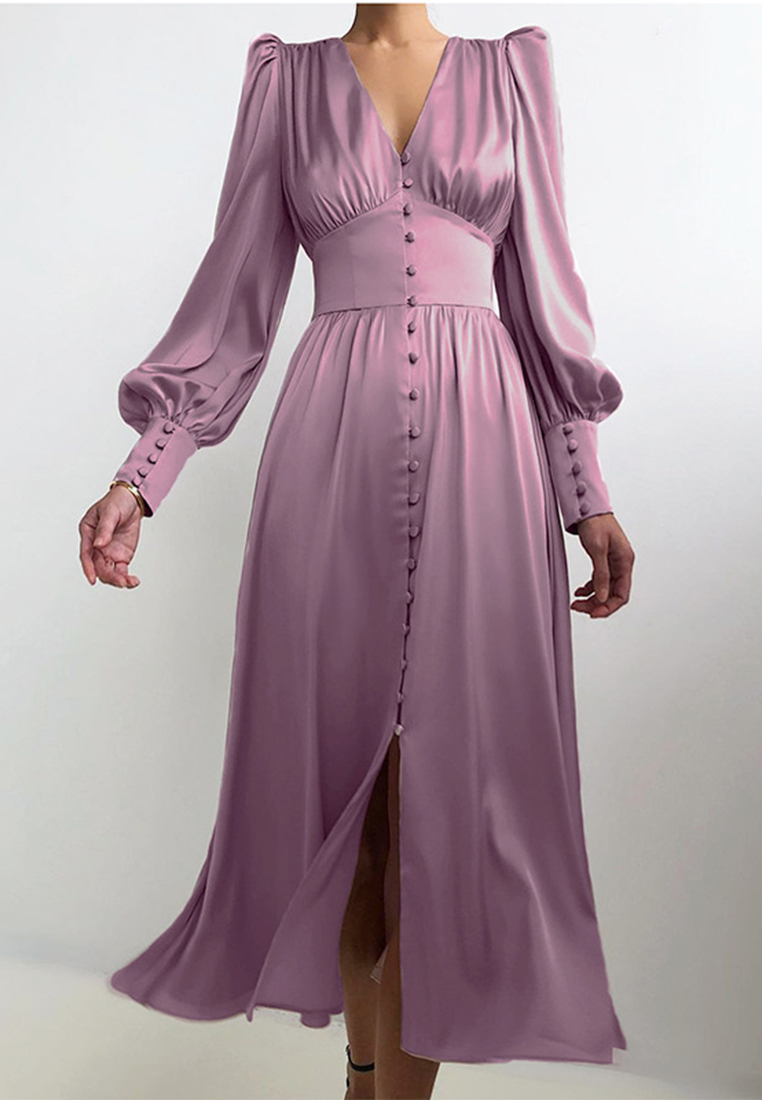 Elegant satin lantern sleeve waist design dress A121822BK