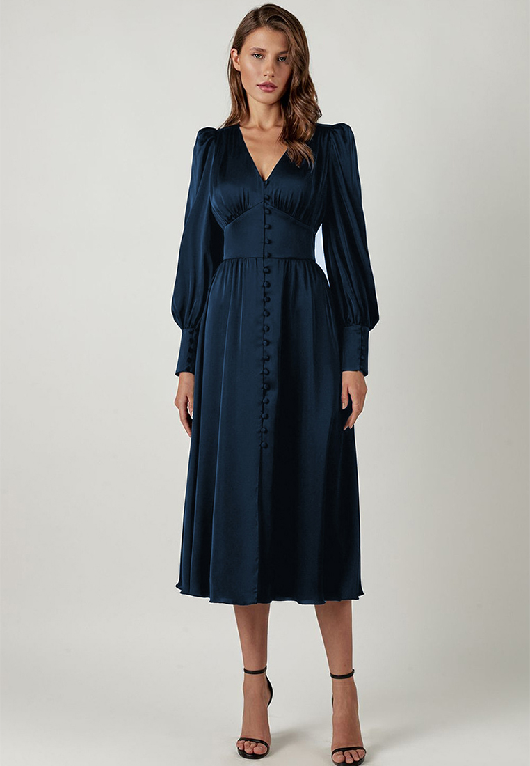 Elegant satin lantern sleeve waist design dress A121822BK