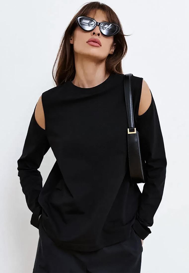 Design black pure cotton off shoulder hollow round neck elastic bottom T-shirt A121850BK