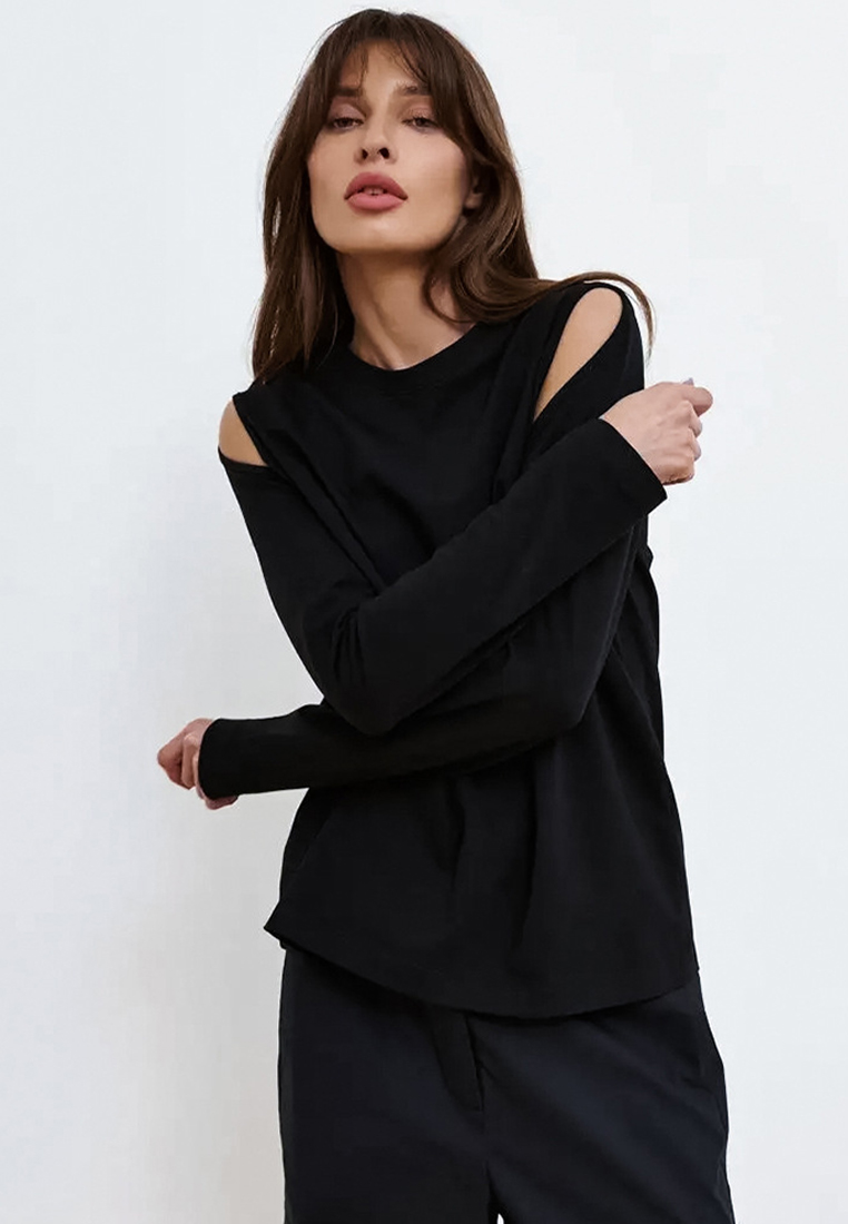 Design black pure cotton off shoulder hollow round neck elastic bottom T-shirt A121850BK