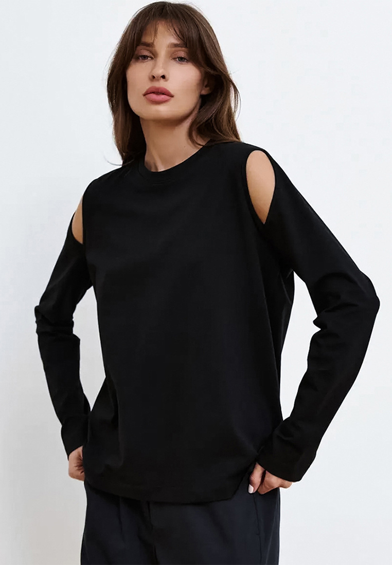 Design black pure cotton off shoulder hollow round neck elastic bottom T-shirt A121850BK