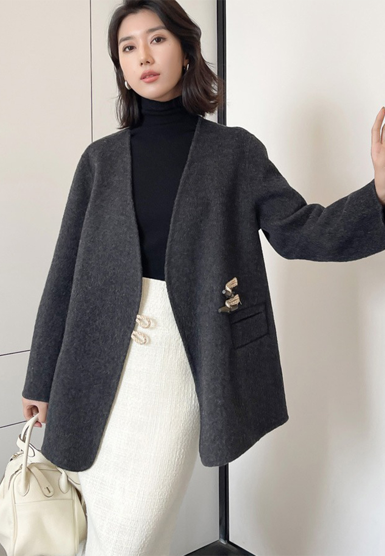 Winter horn button double-sided wool coat women's mid-length coat A121857W