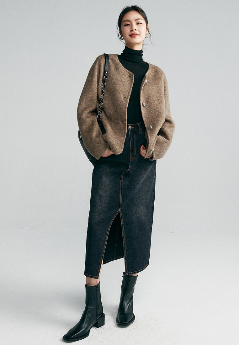 Round neck metal buckle wool women coat warm and fashionable in autumn and winter A121858W