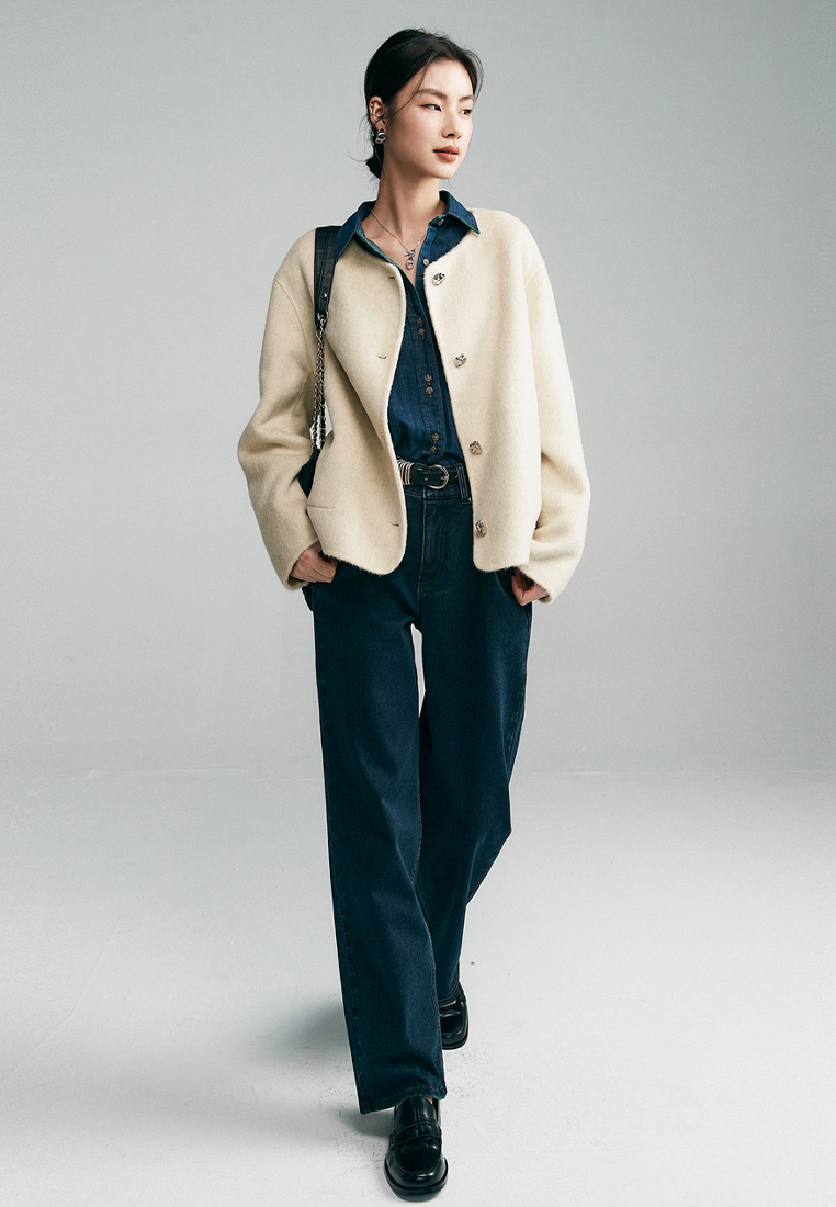 Round neck metal buckle wool women coat warm and fashionable in autumn and winter A121858W